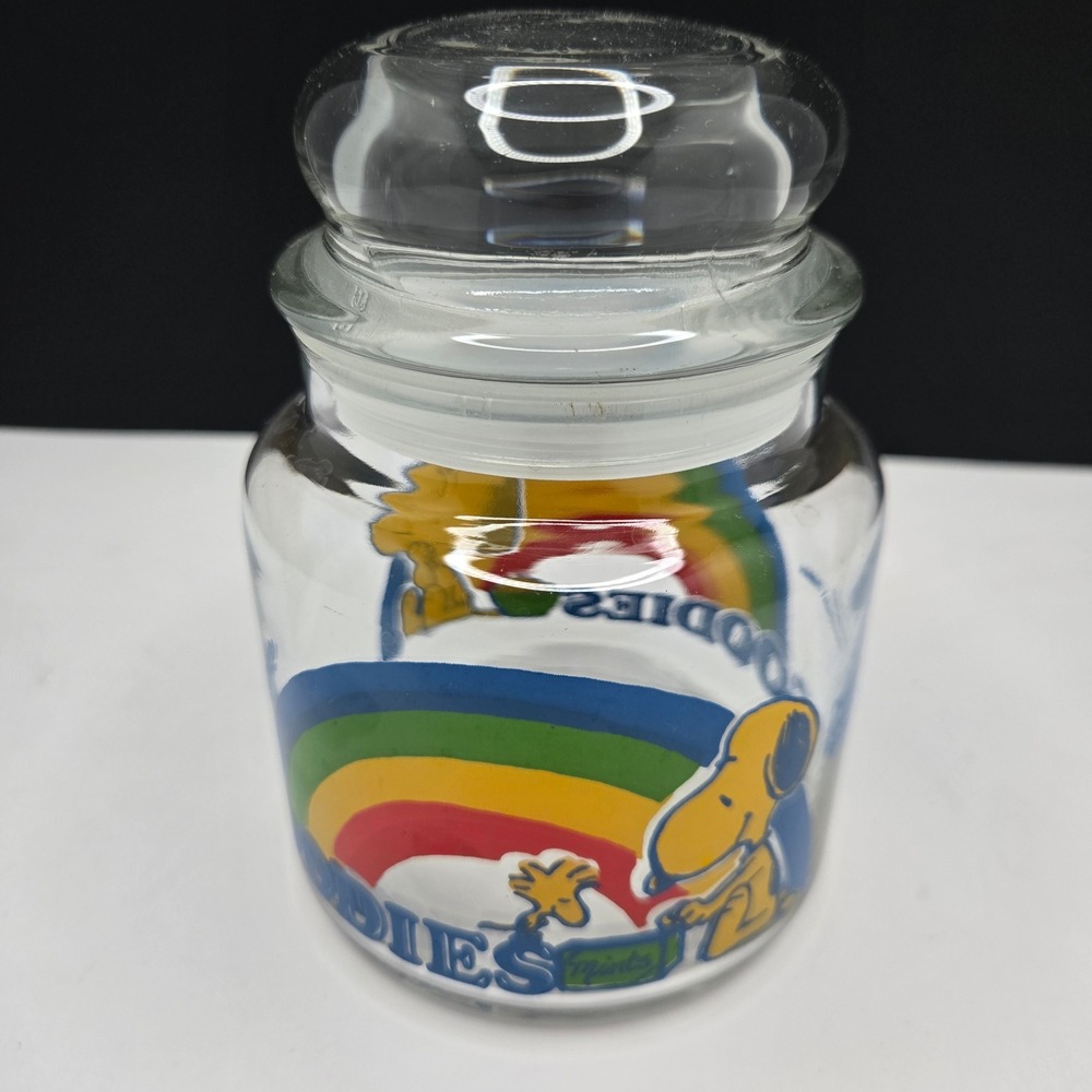 Peanuts Snoopy Glass Jar Goodies Rainbow Vintage Apothecary Canister Small Clear